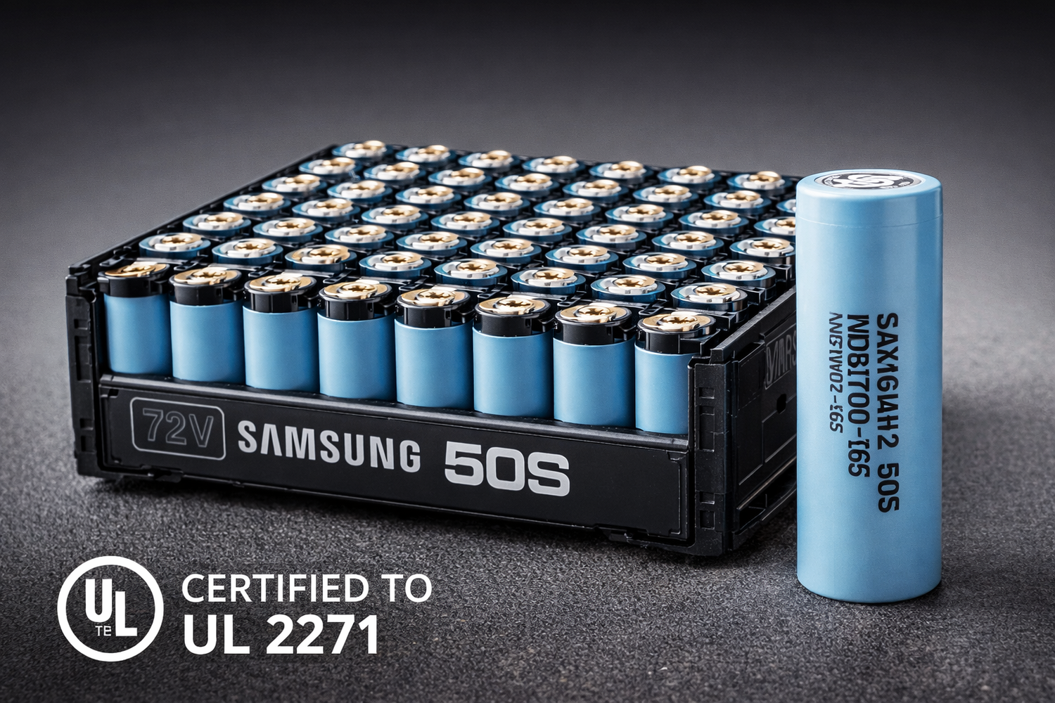 Samsung 50S high-discharge 21700 battery cells for Wired 72V Power Performance Bikes.