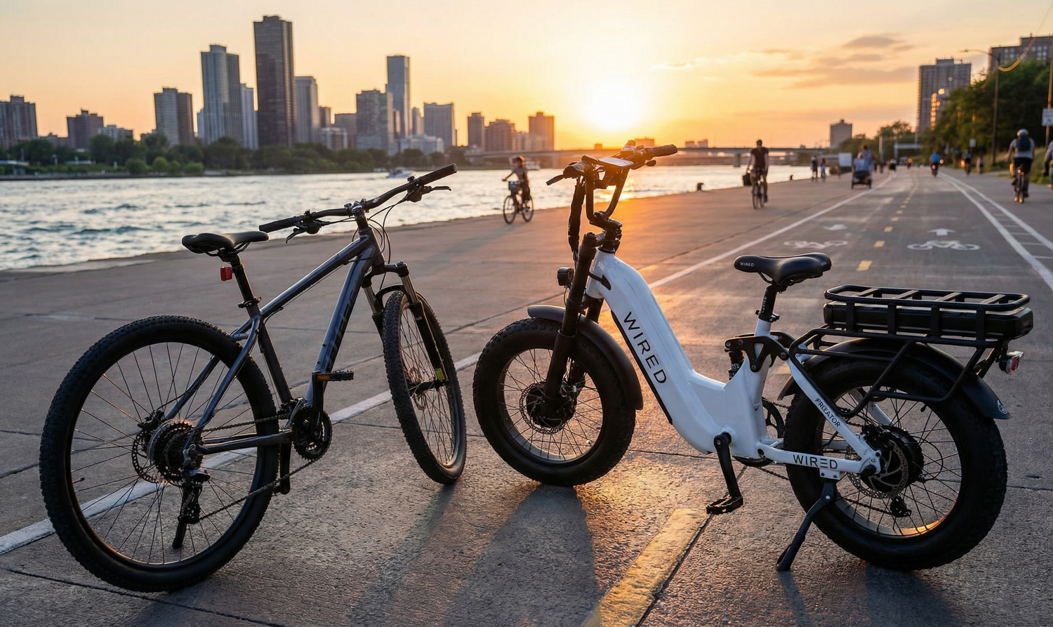 Side-by-side comparison of a Wired Viper ebike and a traditional 10-speed bicycle on a city path.