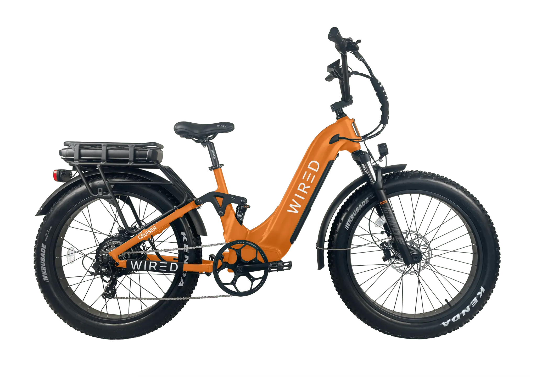 WIRED Cruiser electric bike in Titian Orange - 60V step-thru ebike with dual suspension