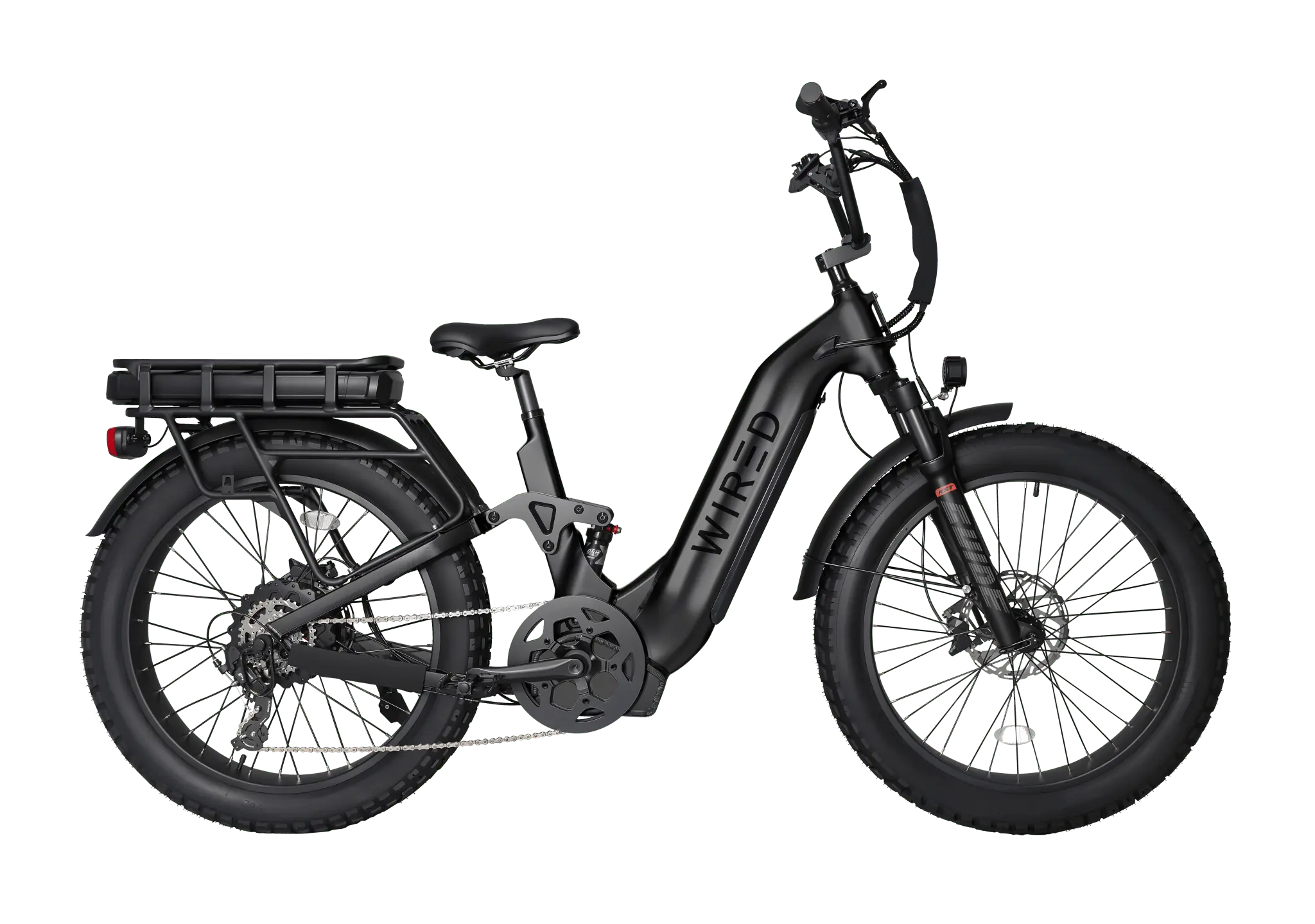 Wired Scout electric bike in Graphite - step-thru dual suspension ebike with 2000W Hengtai motor
