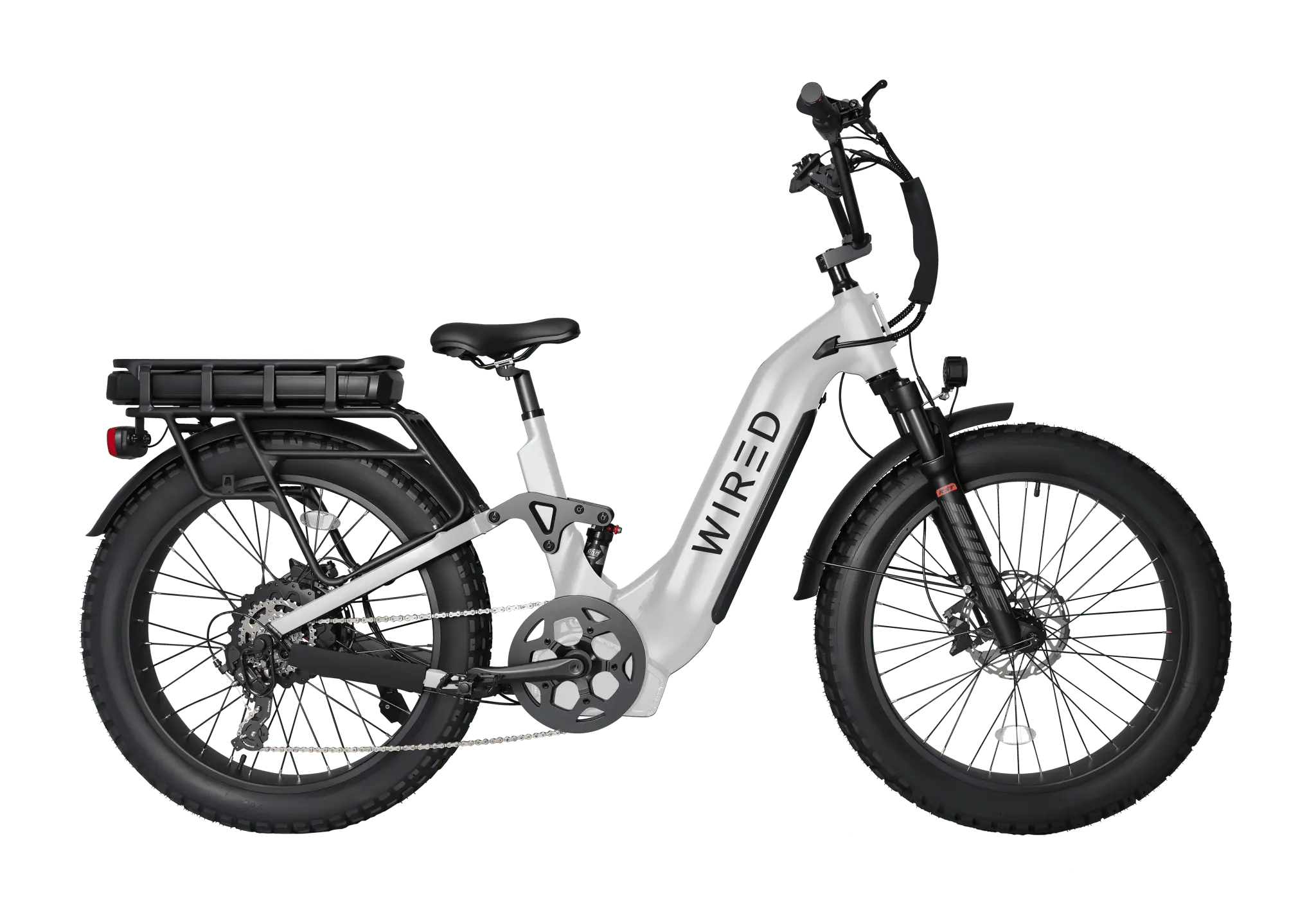 Wired Scout electric bike in White - step-thru dual suspension ebike with Samsung batteries