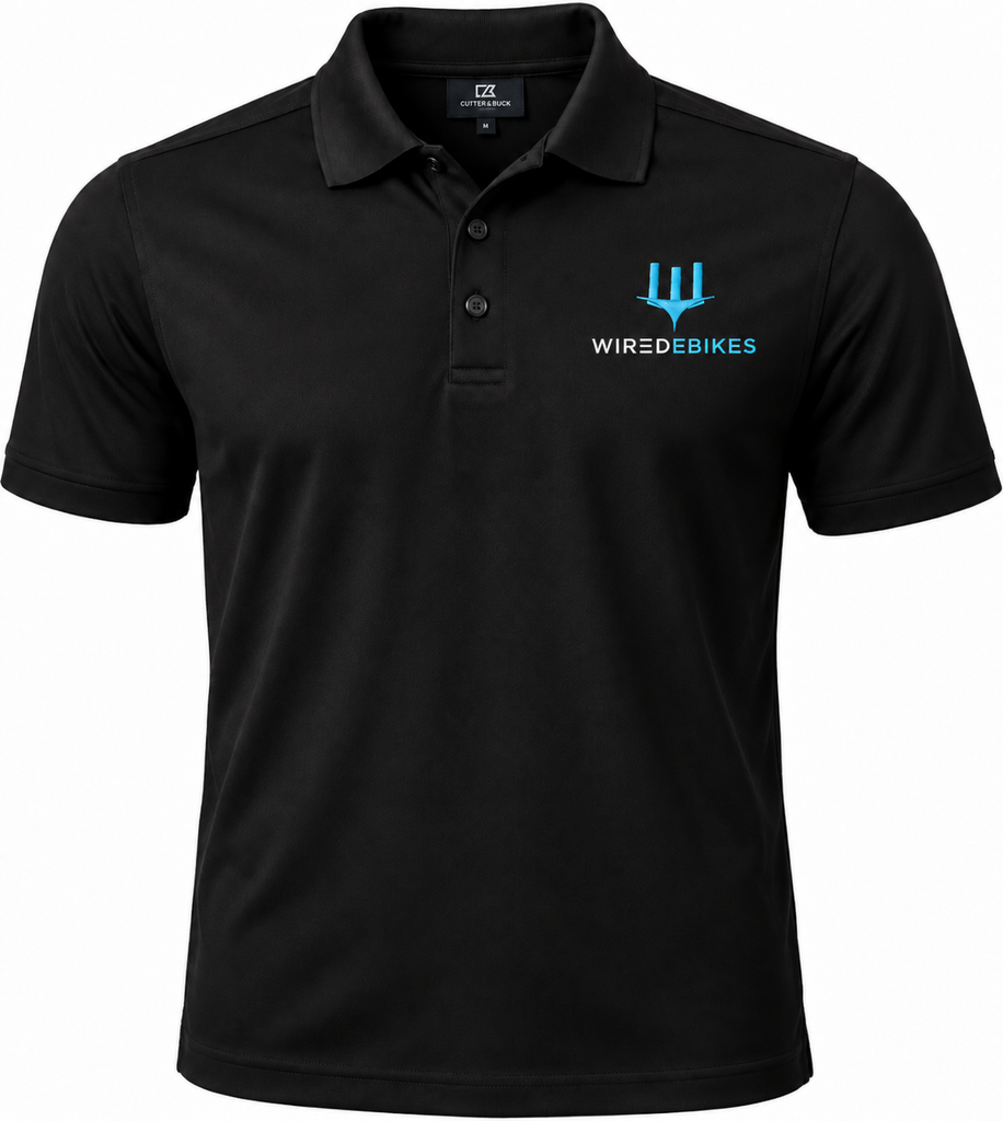 Wired Polo black short-sleeve polo with embroidered Wired Ebikes logo on the left chest
