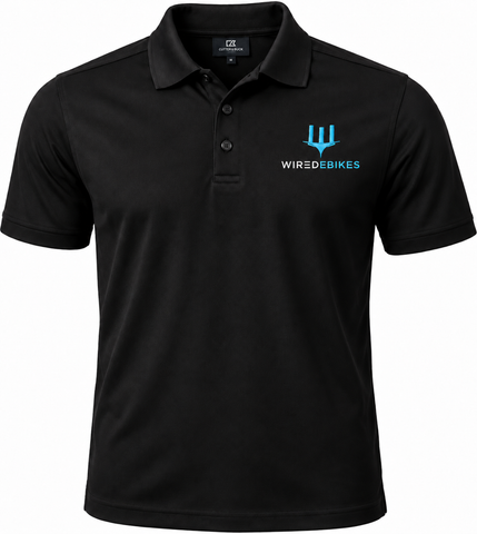 Wired Polo black short-sleeve polo with embroidered Wired Ebikes logo on the left chest